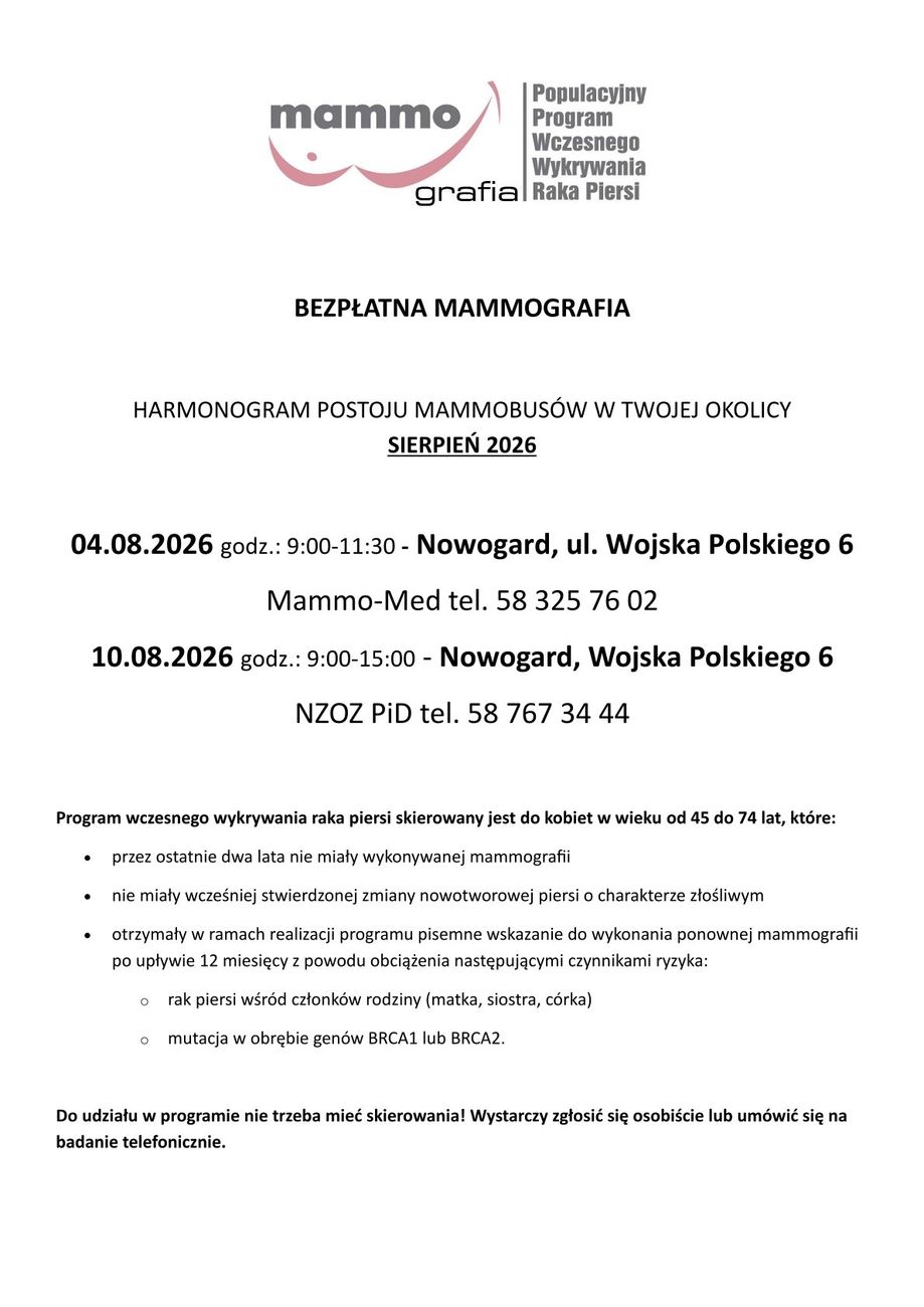 BEZPŁATNA MAMMOGRAFIA